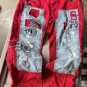 Grindhouse Denim – Custom Patchwork Red Pants (Size 36)